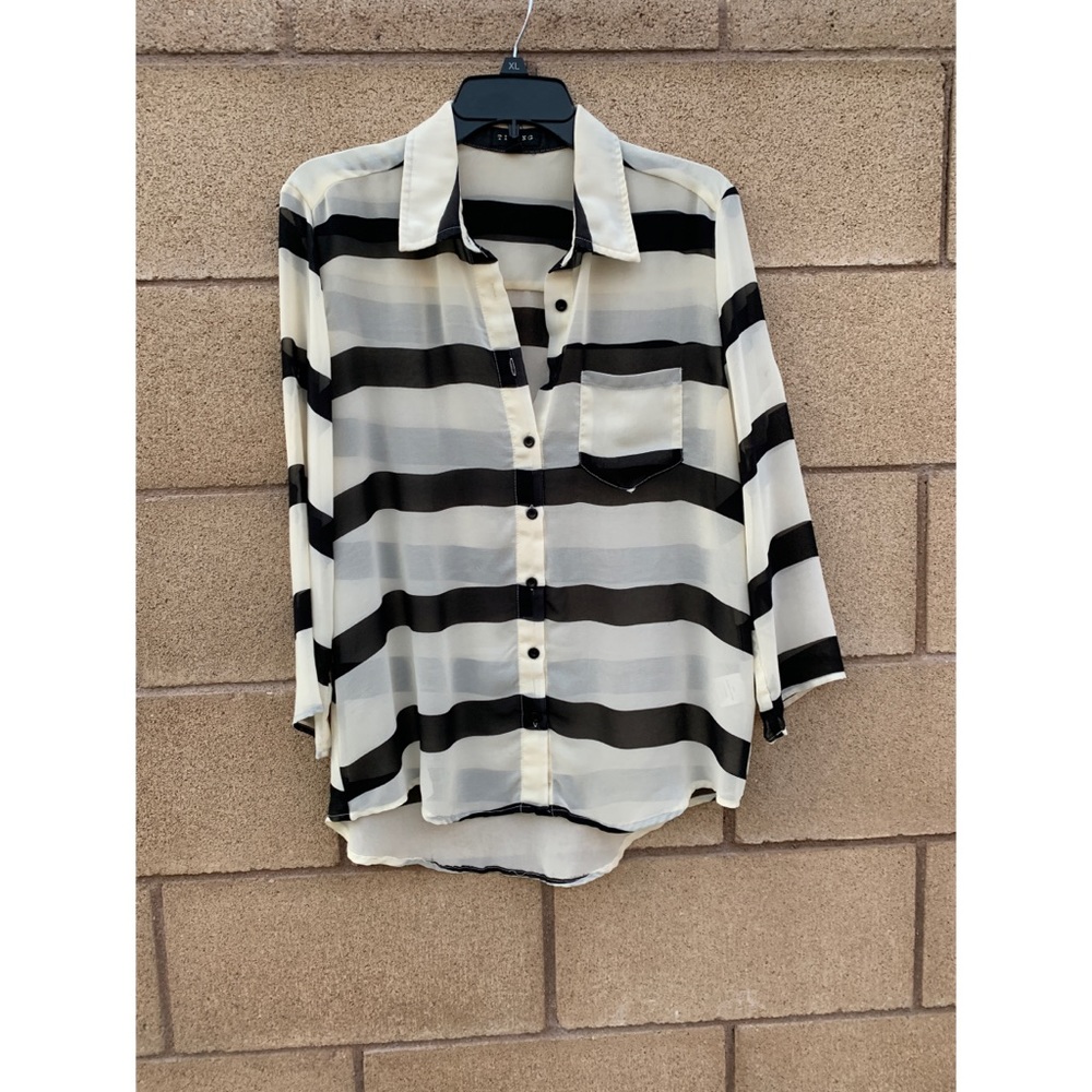 Black & Off White Striped Button Down Blouse